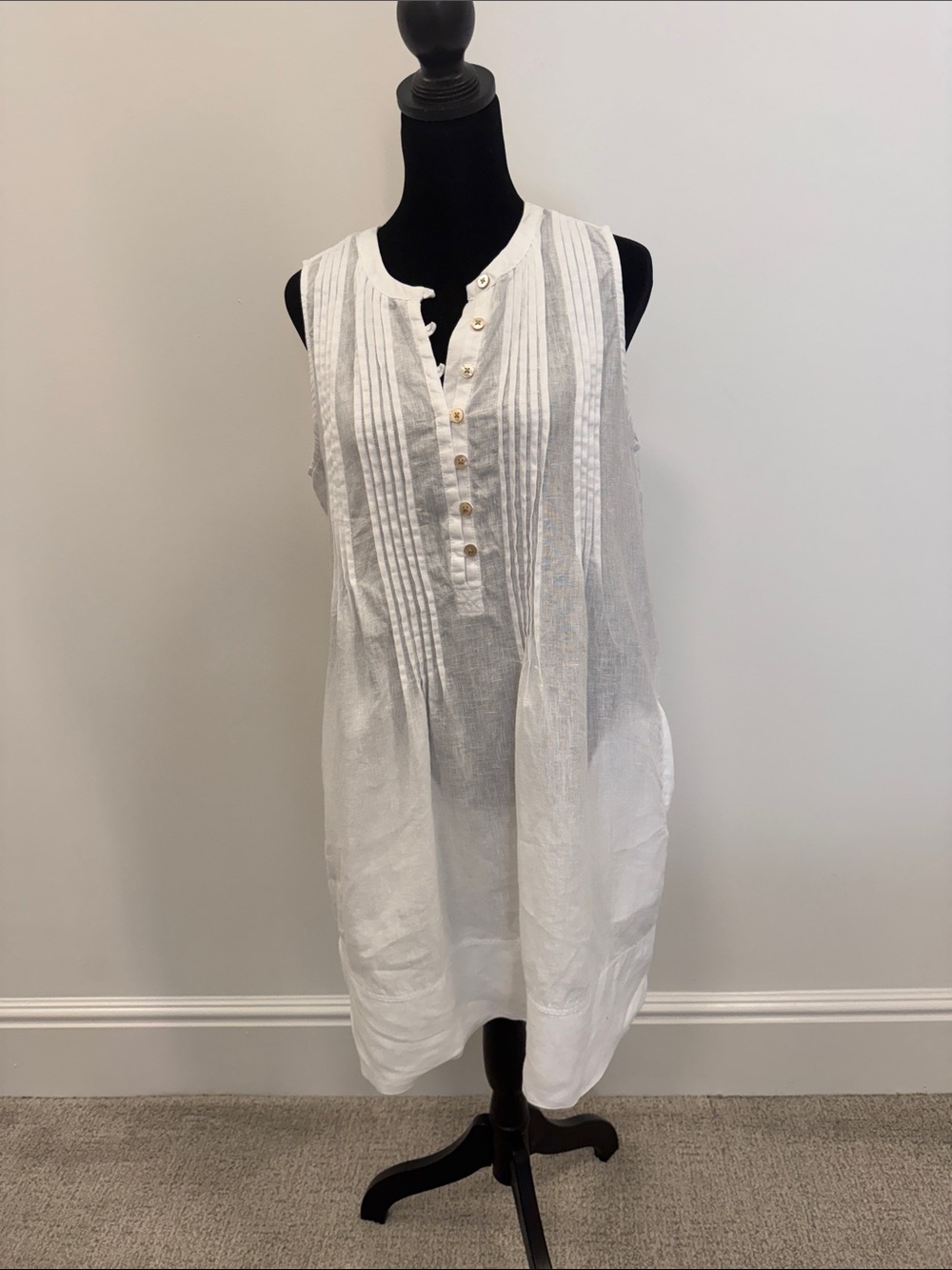 Quince White Sleeveless Pintuck 100% Linen Dress Sz S